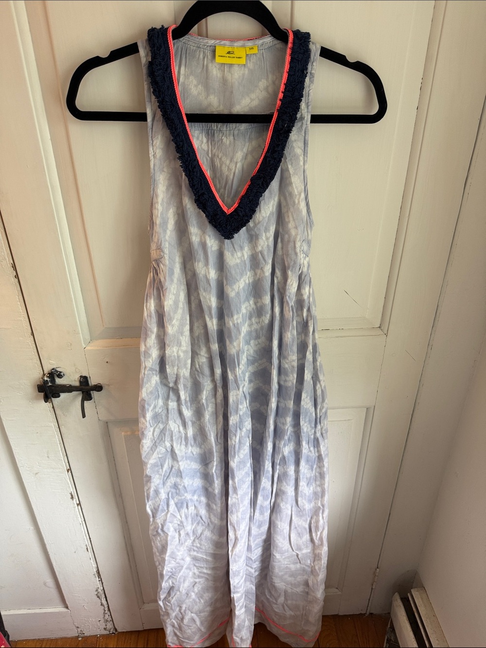 Roller Rabbit Light Blue Tie-Dye Maxi Dress with Navy Fringe and Coral Trim